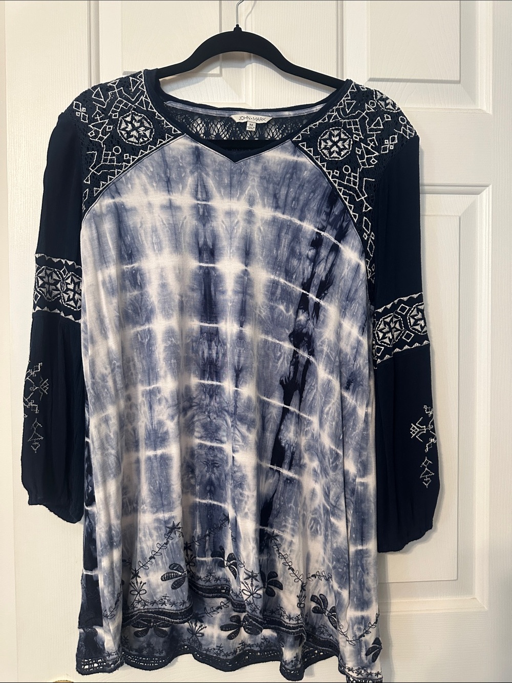 Embroidered John Mark Navy and White Tie-Dye Embroidered lace Tunic Top